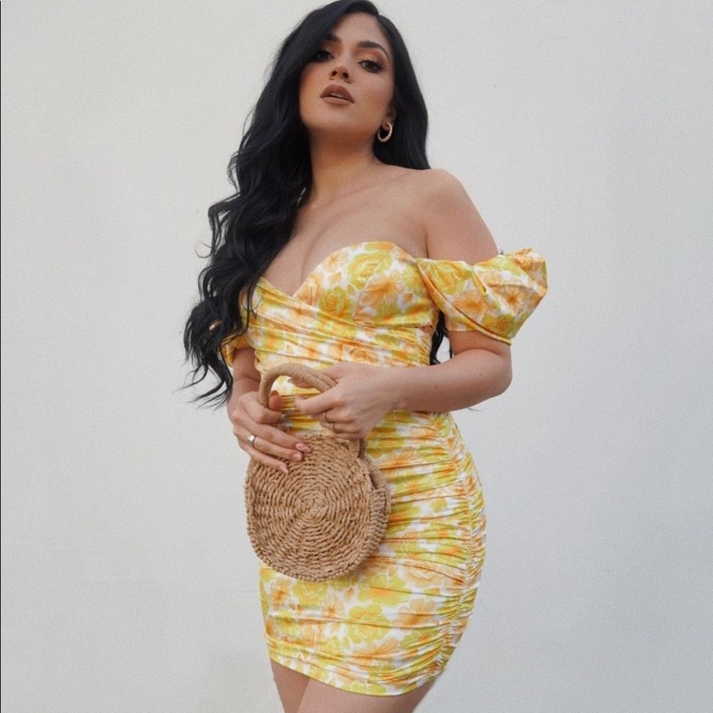 Oh Polly Yellow Floral Off-Shoulder Dress